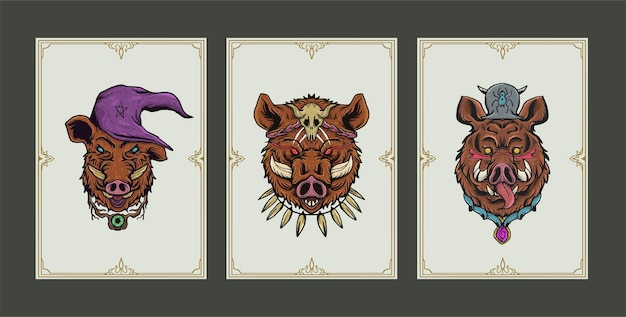 Vector hand drawn witch boar card collection