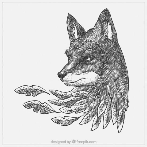 Vector hand drawn wolf with leaves