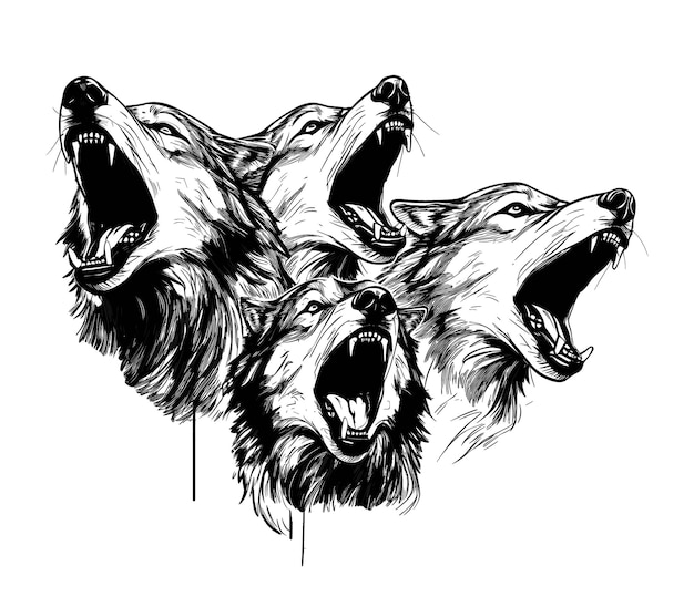 Hand drawn wolves outline illustration