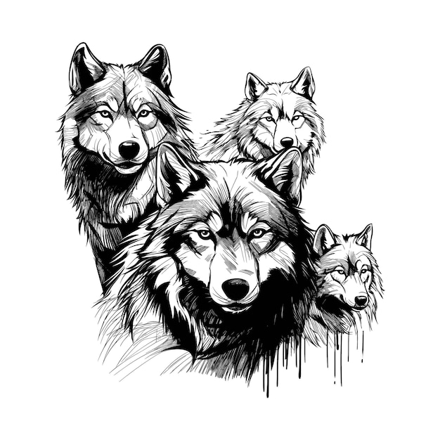 Hand drawn wolves outline illustration