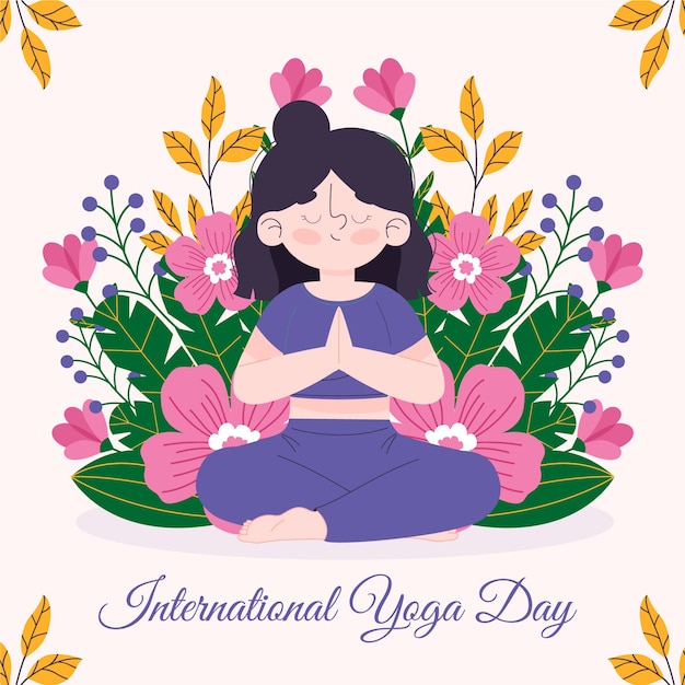 Hand drawn woman doing yoga with flowers illustration