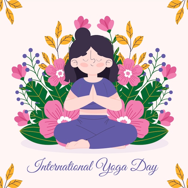 Vector hand drawn woman doing yoga with flowers illustration