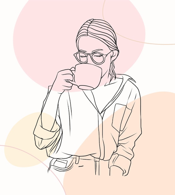 Нарисованная рукой женщина пьет кофе в элегантном стиле арт линии b