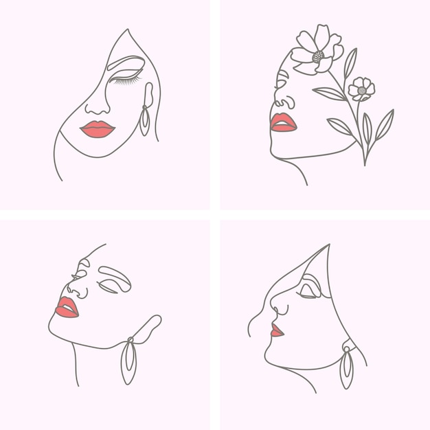 Vector hand-drawn woman face line art collection