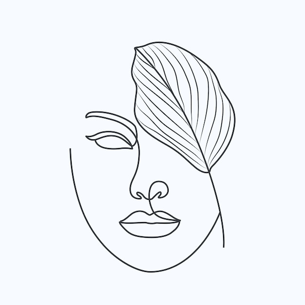 Hand-drawn woman face with leaves elegant line art drawing