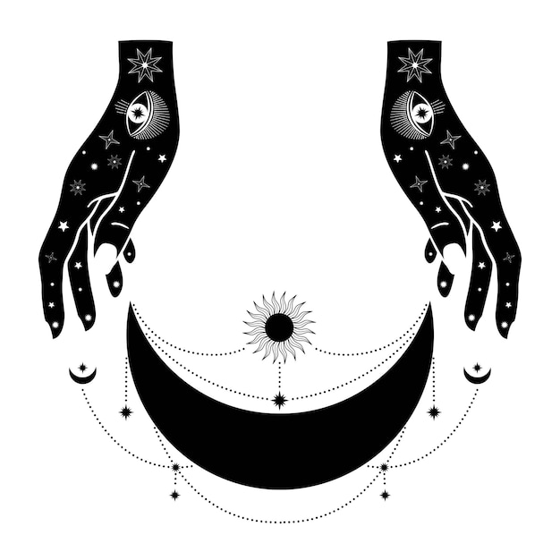 Vector hand drawn woman hands with sun, moon, eye and stars in line art. spiritual symbol celestial space. magic talisman, antique style, boho, tattoo, logo. vector illustration isolated on white background