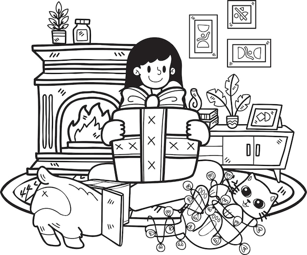 Hand Drawn Woman holding a gift with dog and cat illustration in doodle style