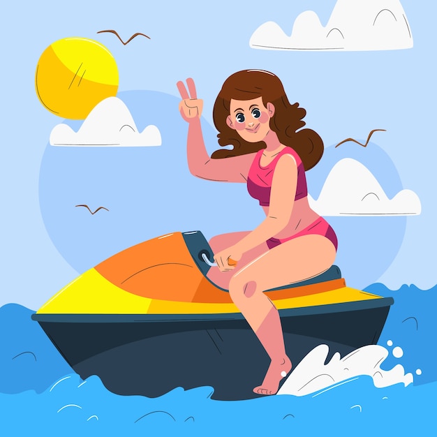 Vector hand drawn woman on jet ski illustration