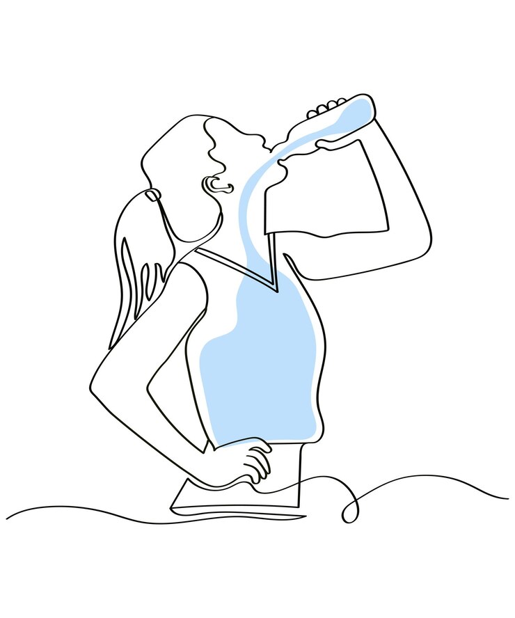 Vector hand drawn woman in one line style in sportswear drinks water compliance with drinking regime water balance as a continuous line vector illustration