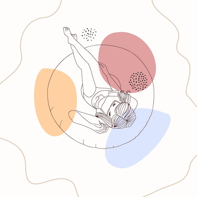 Vector hand drawn woman relaxing using a float in a swimming pool using line art style