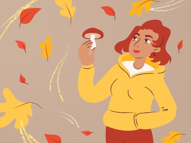 Vector hand drawn woman surrounded by falling autumn leaves