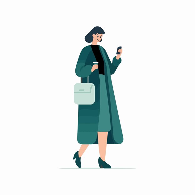 Hand Drawn woman walking with smartphone in flat style