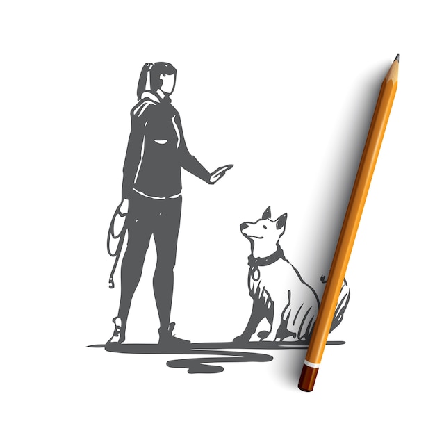 Vector hand drawn woman with dog