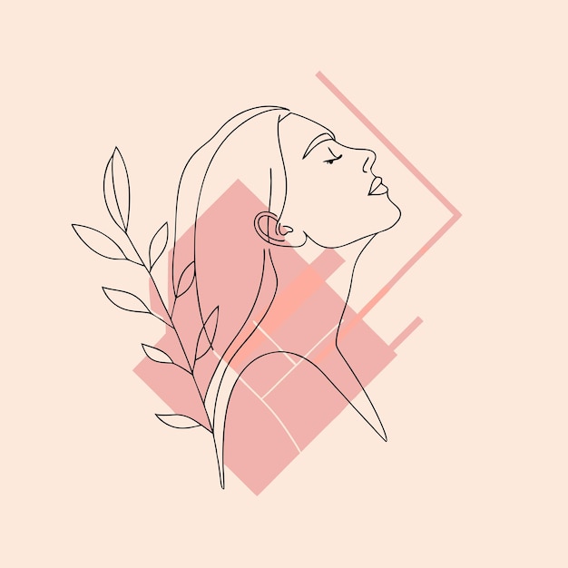 hand drawn woman with flower and geometric shapes one line art illustration