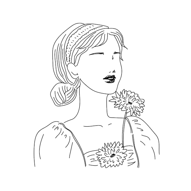 Hand drawn woman with flowers illustration in pencil line art