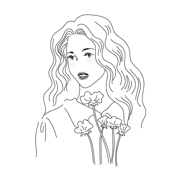 hand drawn woman with flowers illustration in pencil line art