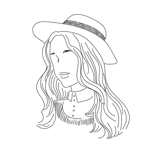 hand drawn woman with hat illustration in pencil line art