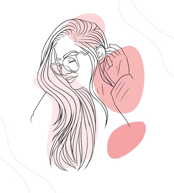 Vector hand drawn woman with long hair in line art style