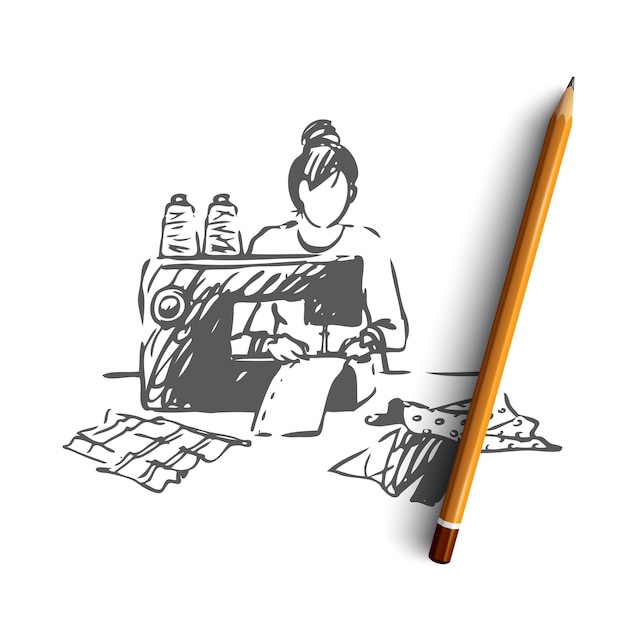 Vector hand drawn woman with sewing machine