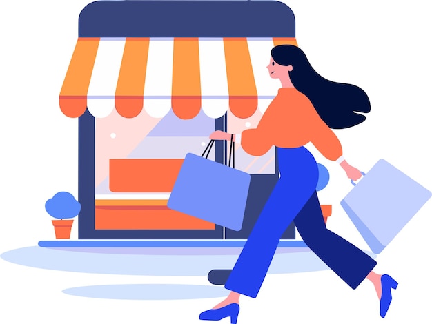 Hand drawn a woman with shopping bags walks past a storefront in flat style isolated on background