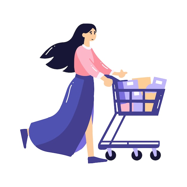 Hand Drawn woman with shopping cart in flat style