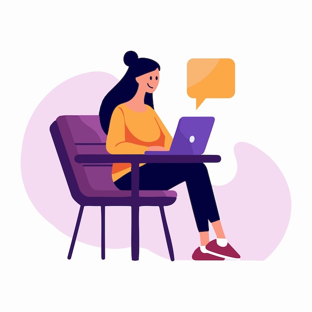 Vector hand drawn woman working on the sofa in flat style