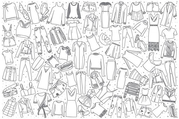 Set di abbigliamento femminile disegnato a mano Vettore Premium