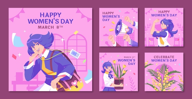 Hand drawn women's day ig post template set