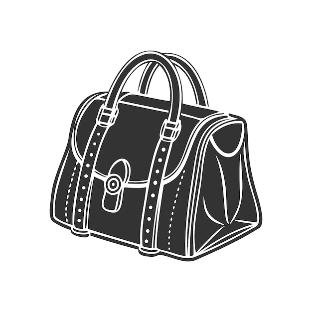 Hand drawn womens bag with handles Travel bag Black and white silhouette Vector