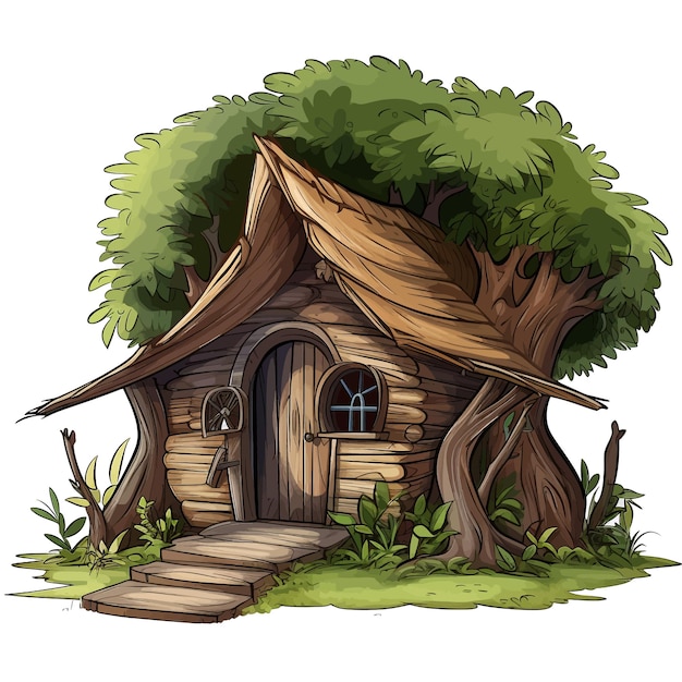 Hand drawn Wooden hut with trees cartoon vector illustration clipart white background