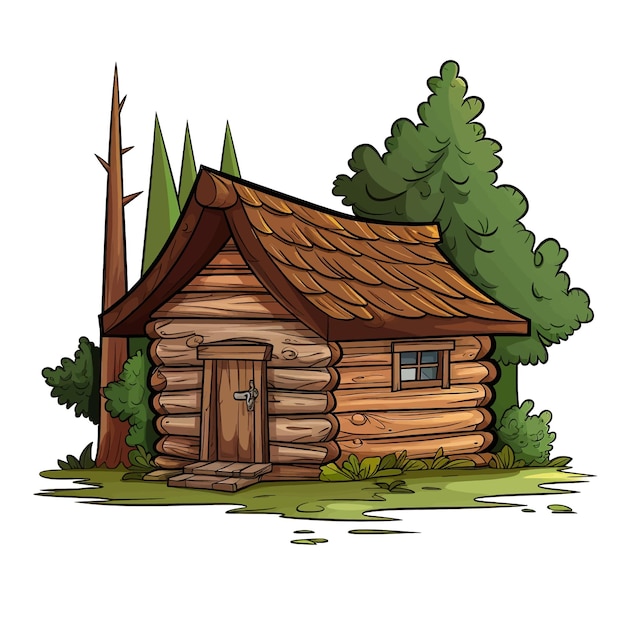 Vettore disegnato a mano capanna in legno con alberi cartone animato illustrazione vettoriale clipart sfondo bianco