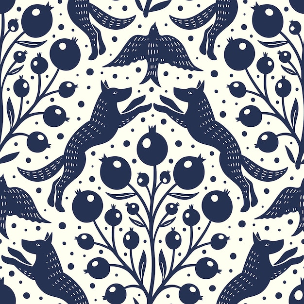 Hand drawn woodland animals seamless pattern decorative cute dog wolf bird berries seamless pattern