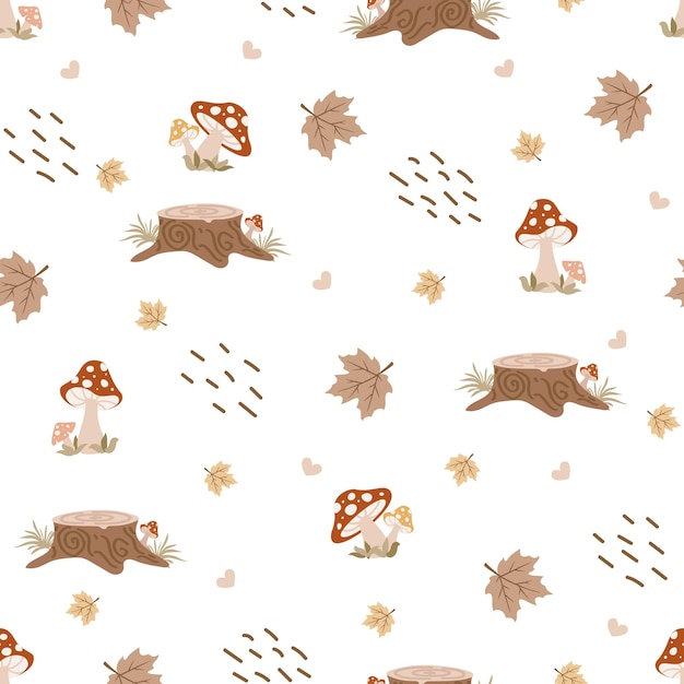 Hand drawn woodland vector seamless patterrn. Autumn leaves, wood and mushrooms. Cute kids backgroun