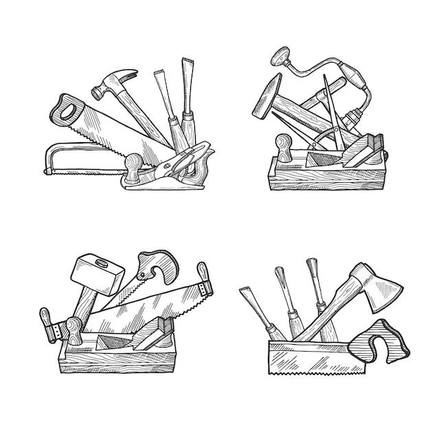 Vector hand drawn woodwork tools set