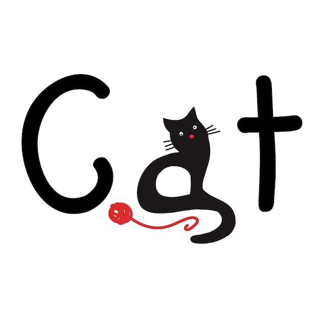Vettore parola disegnata a mano gatto con la lettera stilizzata a come silhouette di un gatto nero e un gomitolo di lana