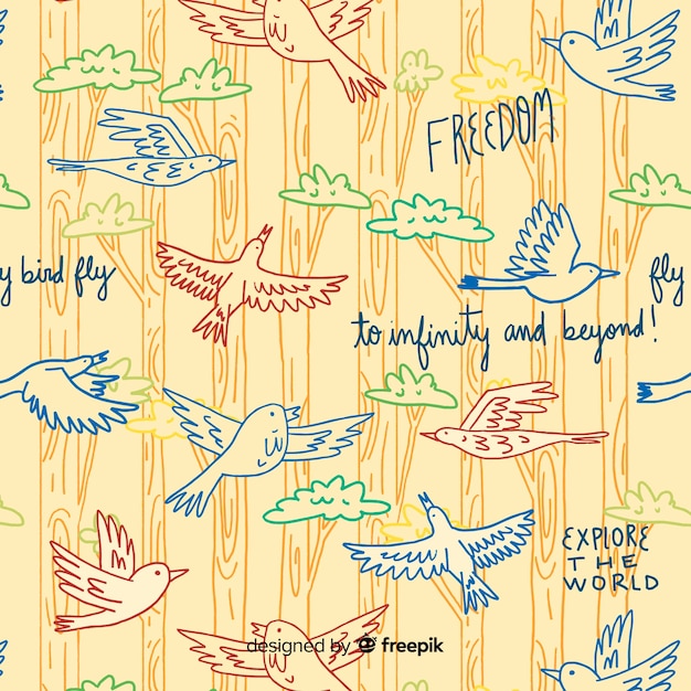 Hand drawn words and flying birds pattern