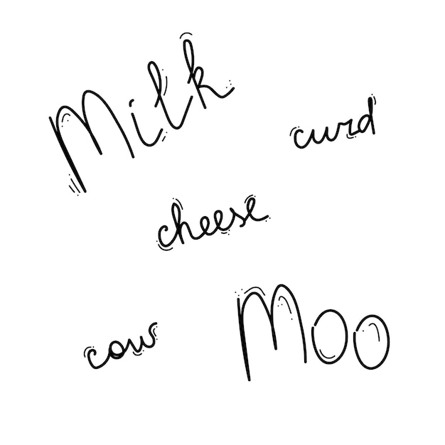 Hand drawn words milk moo cheese cow curd