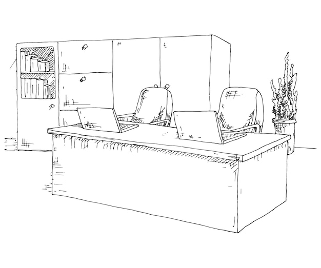 Hand drawn workplace behind the monitors Working table with two monitors office chair Vector illustration of a sketch style