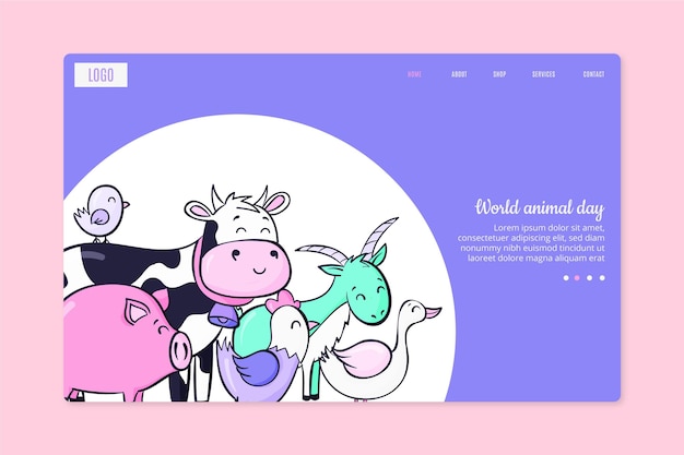 Vector hand drawn world animal day landing page template