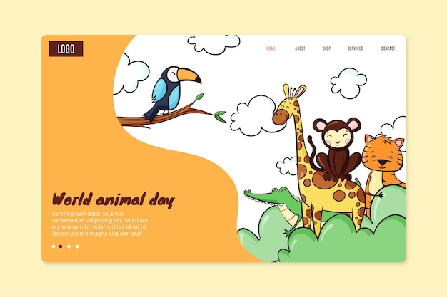 Vector hand drawn world animal day landing page template