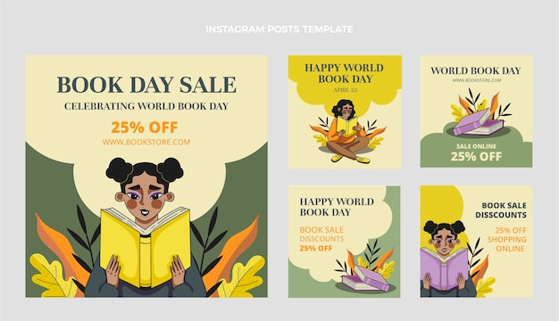 Нарисованная рукой коллекция постов instagram всемирного дня книги