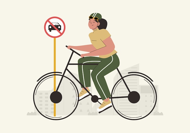 Vector hand drawn world car free day background with women using bicycle and no car sign flat  illustration. world environment day concept. eco friendly transportation