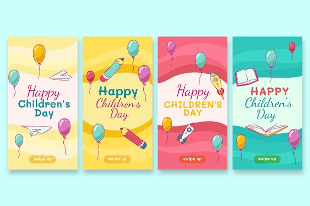 Vector hand drawn world children's day instagram stories collection