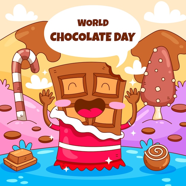 Hand drawn world chocolate day illustration with happy chocolate sweets