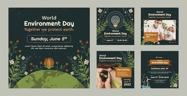 Raccolta di post di instagram di giornata mondiale dell'ambiente disegnata a mano