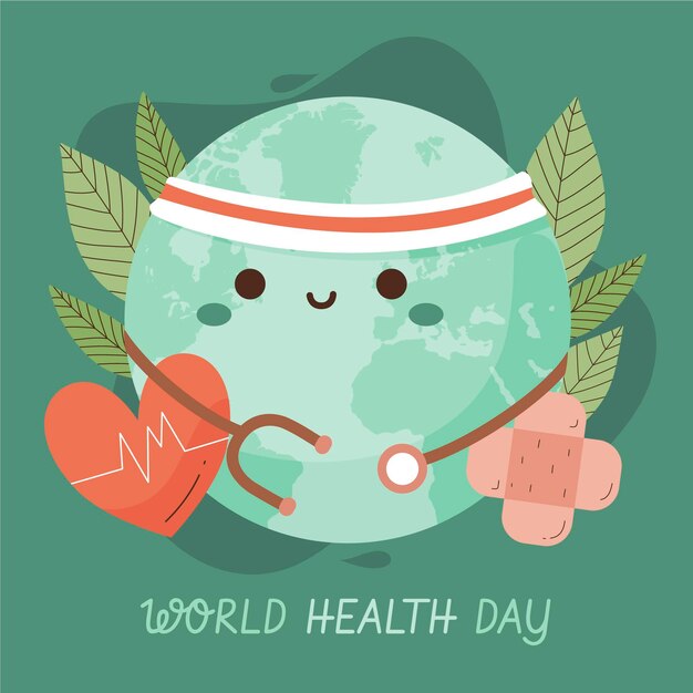 Вектор Нарисованная рукой иллюстрация всемирного дня здоровья с планетой и стетоскопом