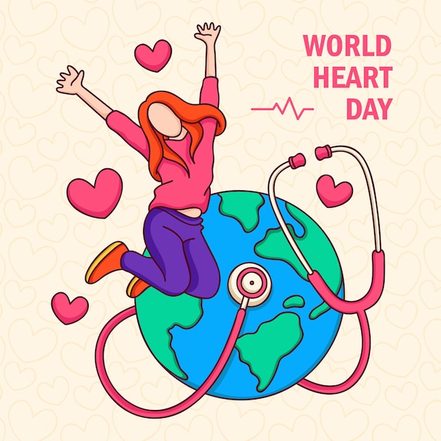 Vector hand drawn world heart day with woman