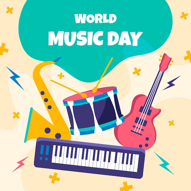 Вектор Нарисованная рукой иллюстрация всемирного дня музыки с музыкальными инструментами