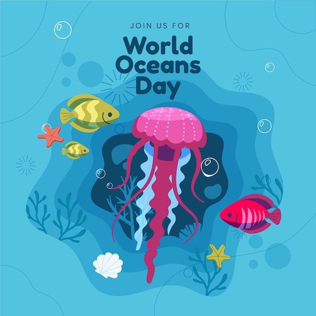 Ручной обращается всемирный день океанов иллюстрация с медузами и рыбами