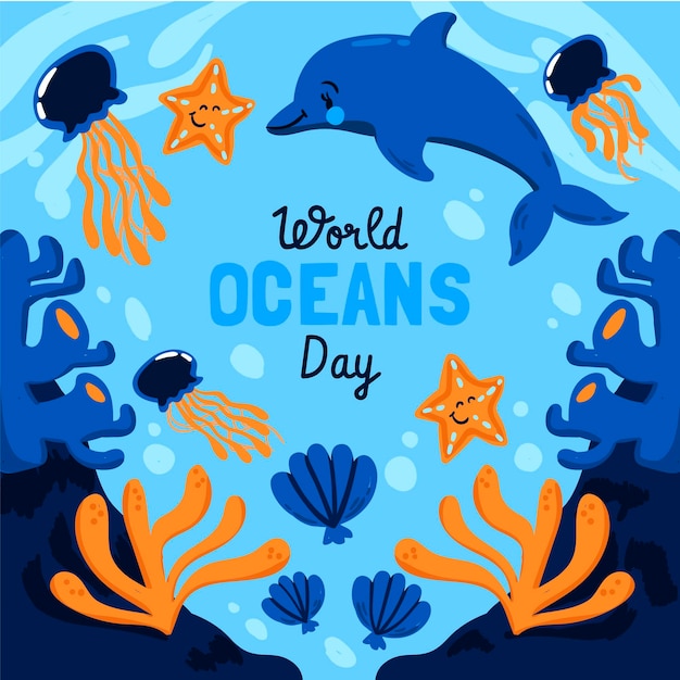 Vettore illustrazione disegnata a mano della giornata mondiale degli oceani